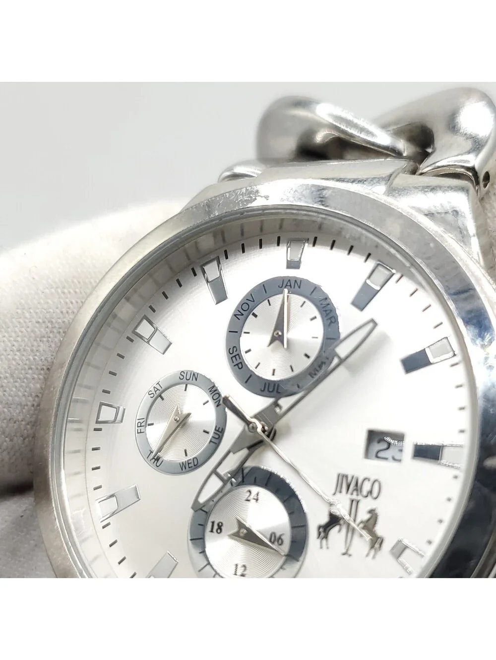 Jivago Multifunction Quartz Watch Men 38mm Silver Tone Chain Band New Battery